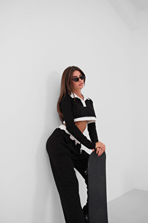 Polo Yaka Garnili Crop Siyah Sweatshirt