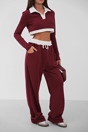 Polo Yaka Garnili Crop Bordo Sweatshirt