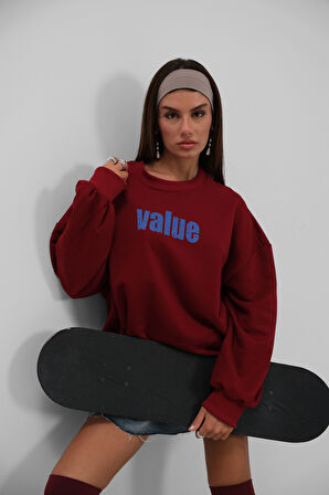 Baskılı Sıfır Yaka Oversize Bordo Sweatshirt