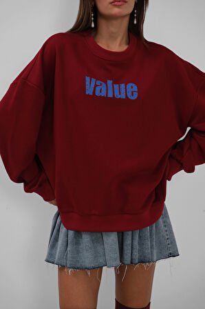 Baskılı Sıfır Yaka Oversize Bordo Sweatshirt