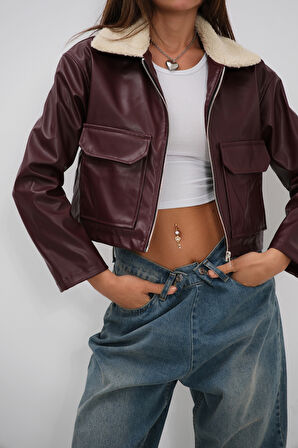 Yaka Peluş Crop Bordo Ceket