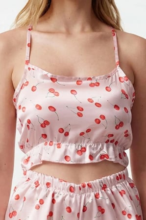 Laperissa Kadın Pijama Takımı Kirazlı Saten Şortlu Fırfırlı Çok Renkli Beden 40