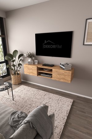 DF17102 LED Işıklı Duvara Monte TV Ünitesi, 2 Kapaklı Dolaplı, Raflı 150 cm TV Alt Ünitesi Atlantik Çam