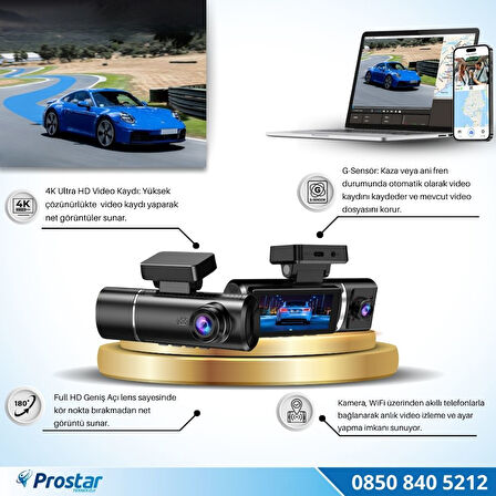 4K Ultra HD 2 Kameralı Ön ve iç  Wifi GPS G-Sensör Park Modu Dashcam Kamera