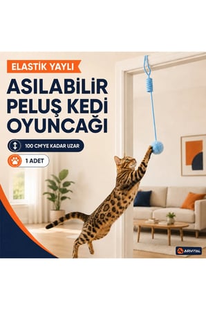 Elastik Yaylı Asılabilir Peluş Ponpon Kedi Oyuncağı 100 cm