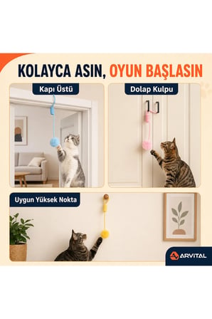 Elastik Yaylı Asılabilir Peluş Ponpon Kedi Oyuncağı 100 cm