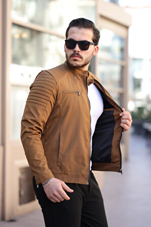 Erkek Taba Su ve Rüzgar Geçirmez Slim Fit Astarlı Mevsimlik Mont
