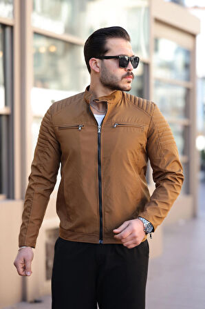 Erkek Taba Su ve Rüzgar Geçirmez Slim Fit Astarlı Mevsimlik Mont