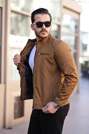 Erkek Taba Su ve Rüzgar Geçirmez Slim Fit Astarlı Mevsimlik Mont