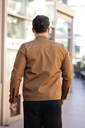 Erkek Taba Su ve Rüzgar Geçirmez Slim Fit Astarlı Mevsimlik Mont