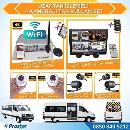 Uzaktan izlemeli 4 Kameralı Wifi 320 GB Harddisk 7 inç Ekranlı Araç Kamera Seti