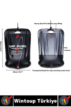 Yüksek Kalite PVC Outdoor Piknik Solar Isıtıcılı Şeffaf Arka Yüzey Pratik Kamp Duş Torbası 20 Litre