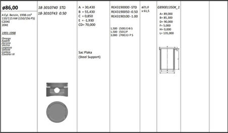 Opel Motor Piston+segmanı ( Riken )  86,00+0,50mm Cap Omega Kadett Ascona Vectra Leganza Ventile Calıbra - Kingpiston 18-3010743