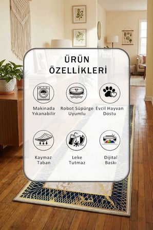 Yıkanabilir Kaymaz Dijital Baskılı Yolluk Halı Tüy Tutmaz Bej