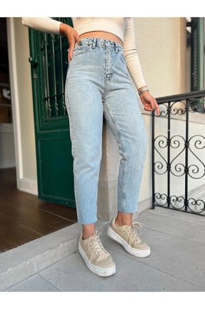 Kadın Mom Jeans Kot Pantolon Mavi Kar
