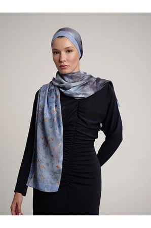 Ayshara Şakayık Çift Taraflı Şal Çiçek Desenli Mavi 72x190 cm