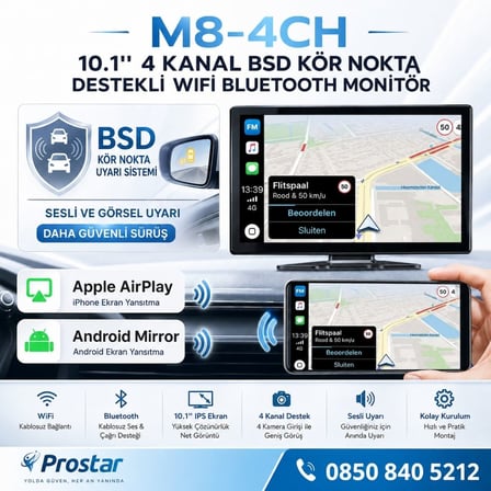 10.1 inç Dokunmatik 4 Kanal Kayıtlı Kablosuz Carplay Wifi Kör Nokta Uyarılı Araç Monitörü 512 GB Destekli