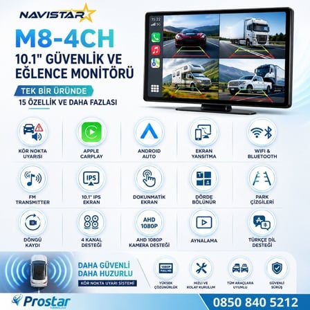 10.1 inç Dokunmatik 4 Kanal Kayıtlı Kablosuz Carplay Wifi Kör Nokta Uyarılı Araç Monitörü 512 GB Destekli