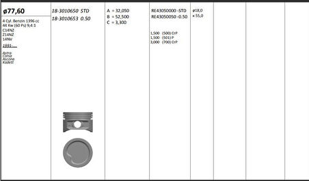 Opel Motor Piston+segmanı ( Riken )  77,60+0,50mm Cap Astra Corsa Ascona Kadett C14nz-Z14nz-14nv 4 Sil. B - Kingpiston 18-3010653