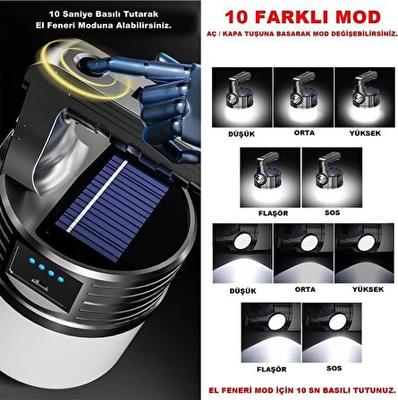 10 Modlu Güneş Enerjili Solar Aydınlatma Kamp Çadır Lambası LED Şarjlı Işıldak El Feneri
