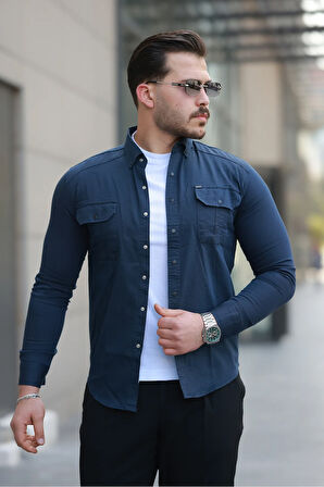 Erkek Lacivert Slim Fit Dar Kesim Kot Gömlek