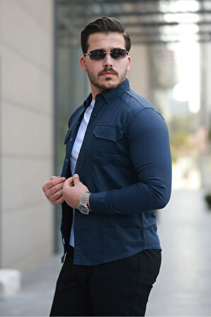 Erkek Lacivert Slim Fit Dar Kesim Kot Gömlek