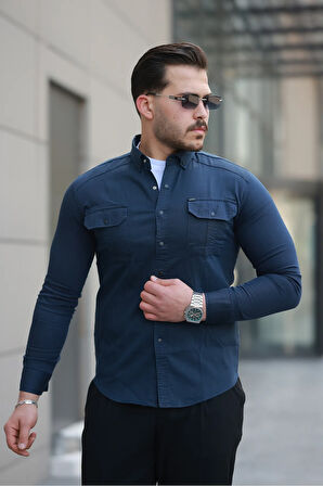 Erkek Lacivert Slim Fit Dar Kesim Kot Gömlek