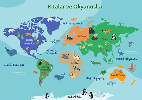 Eğitici Öğretici Dünya Atlası Haritası Kıtalar ve Okyanuslar Detaylı Duvar Sticker 70 x 100 cm