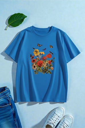 Unisex Renkli Çiçekler Baskılı Tasarım Tshirt