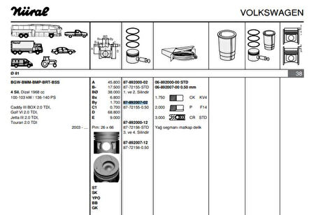 Vag Piston+segman (81,50mm 0,50 1, 2, Pistonlar) A3 A4 Altea Leon Toledo III Octavıa Superb Caddy III Eo - Goetze 8772155050000g