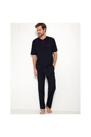 Erkek Lacivert Damat Çeyizlik 3lü Penye Pijama Takımı