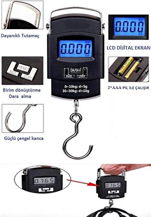 Elektronik El Kantarı 50 kg Kapasiteli Portatif Kancalı El Tartısı Dijital LCD Ekranlı Pilli Kantar 