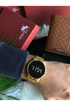 Erkek Dokunmatik Led Saat Hasır Kordon Cüzdan Karlık Kutusunda Hediyelik Set Taba