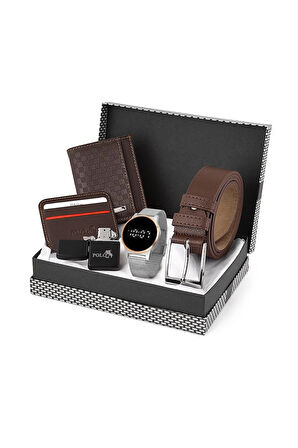 Erkek Kol Saati Kemer Cüzdan Slim Kartlık Çakmak Set Kahverengi