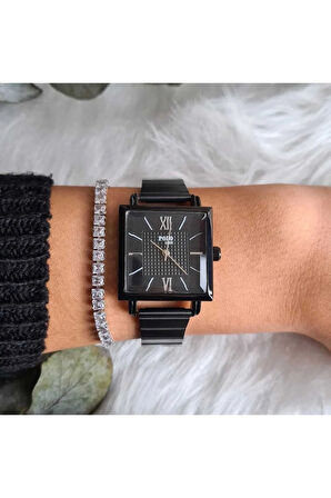 Polo Louis Vintage Kadın Kol Saati Ve Zirkon Taşlı Bileklik Kombin Siyah Renk