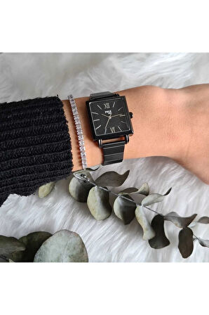Polo Louis Vintage Kadın Kol Saati Ve Zirkon Taşlı Bileklik Kombin Siyah Renk
