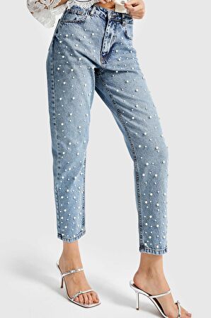 Kadın Kot Rengi Önü Full İnci Detaylı Mom Fit Denim