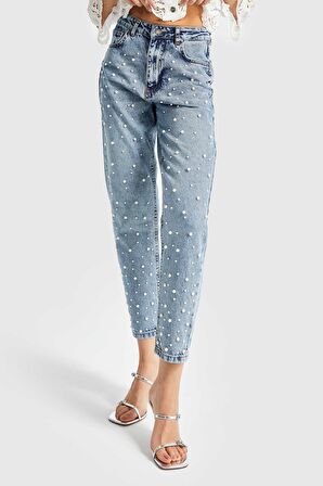 Kadın Kot Rengi Önü Full İnci Detaylı Mom Fit Denim