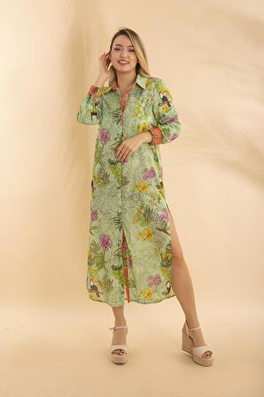 Uzun Gömlek Tropikal Yeşil Bnts-23010