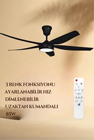 Helios Hs-9307 Alfa 85w 3 Kademeli Ledli Uzaktan Kumandalı Dekoratif 5 Pervaneli Tavan Vantilatörü Siyah