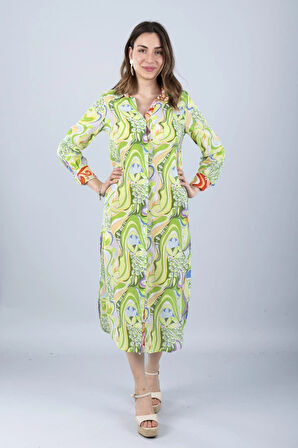 VUAL UZUN KOLLU DESENLİ GÖMLEK YEŞİL ÇİÇEK