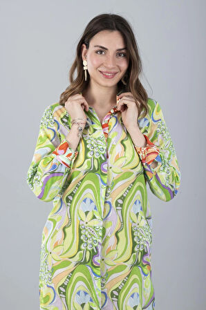 VUAL UZUN KOLLU DESENLİ GÖMLEK YEŞİL ÇİÇEK