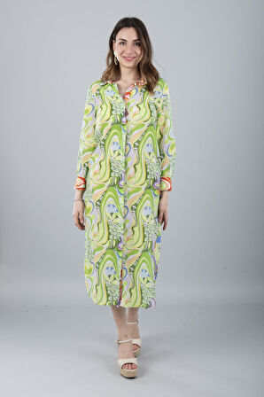 VUAL UZUN KOLLU DESENLİ GÖMLEK YEŞİL ÇİÇEK