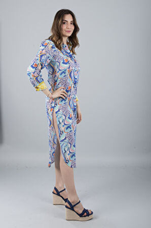 VUAL UZUN KOLLU DESENLİ GÖMLEK MAVİ ÇİÇEK