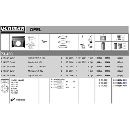 Opel Motor Piston+segman Komple 1,00 (74,40mm) Astra G – Astra H Corsa C – Corsa D – Meriva A – Tigra B - Yenmak 31-04214-100