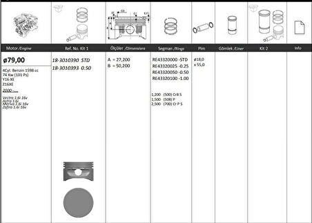Opel Motor Piston+segmanı ( Riken )  79,00+0,50mm Cap Vectra 1.6i 16v Astra 1.6i Meriva 1.6i 16v Zafıra 1 - Kingpiston 18-3010393