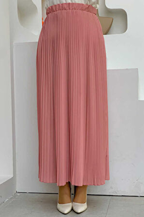 Bel Lastikli Piliseli Şifon Etek 1152 Pudra