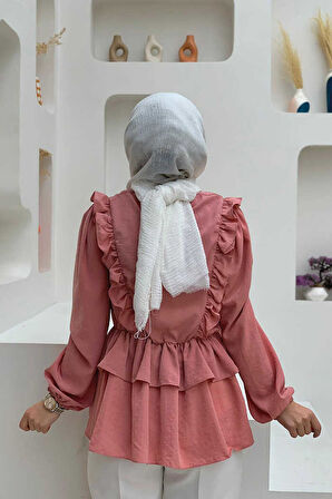 Fırfır Detay Bel Lastikli Kat Görünümlü Bluz 5207 Pudra