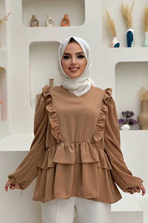 Fırfır Detay Bel Lastikli Kat Görünümlü Bluz 5207 Taba
