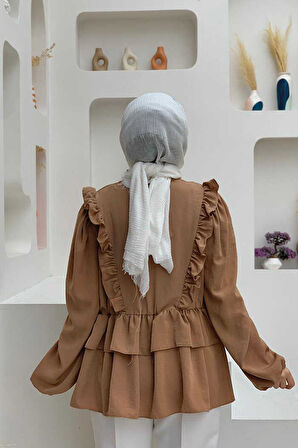 Fırfır Detay Bel Lastikli Kat Görünümlü Bluz 5207 Taba